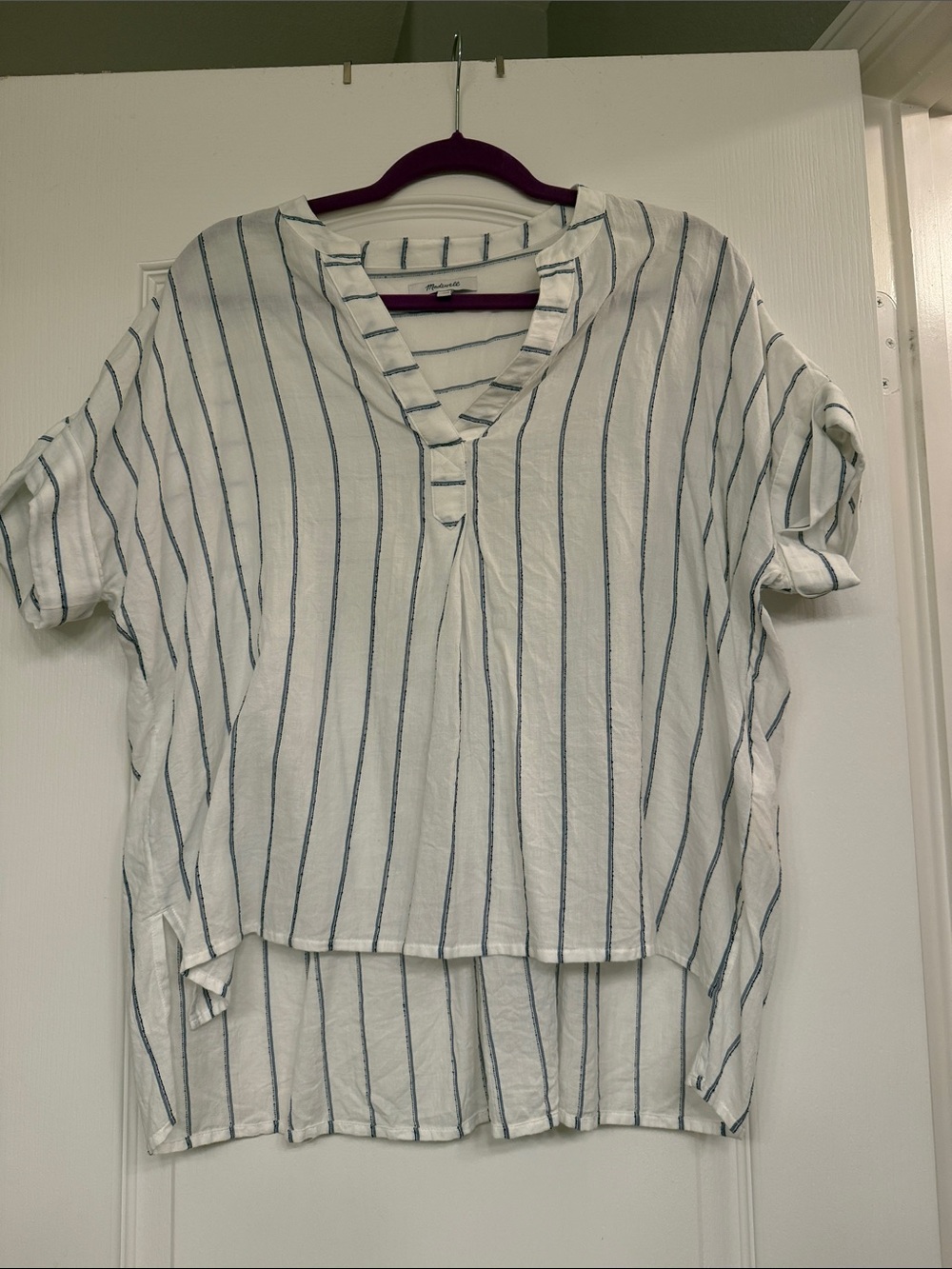 Madewell White Top with Blue Vertical Stripes